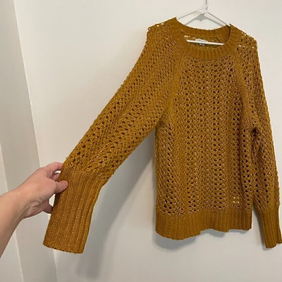 AMERICAN EAGLE Mustard Yellow Golden White Open Knit Chunky Oversized Sweater M - Picture 6 of 12